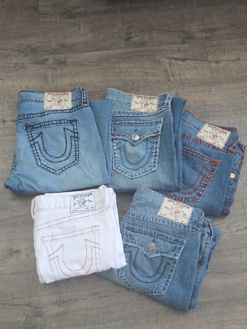 Bundle True Religion Men's Jeans - Light Blue, Medium Blue, Dark Blue & White
